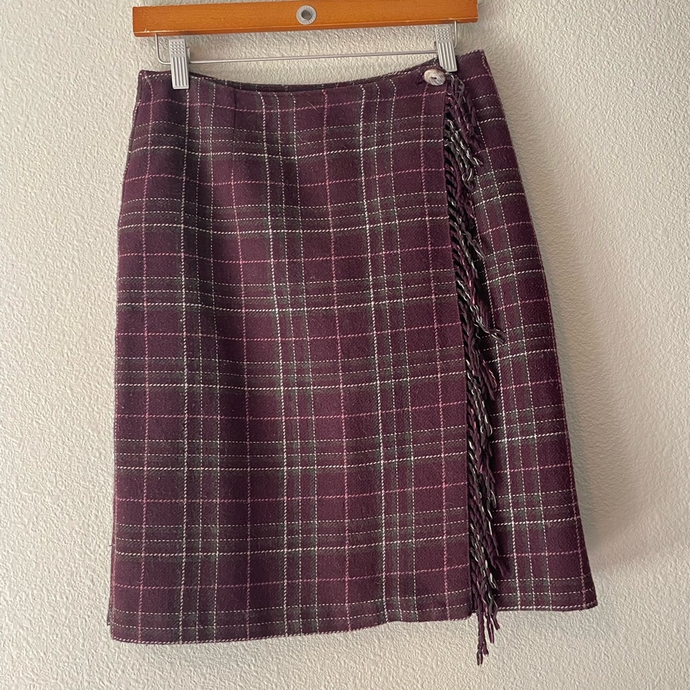 Sag Harbor Petite Plum Plaid Midi Skirt with Braided Fringe